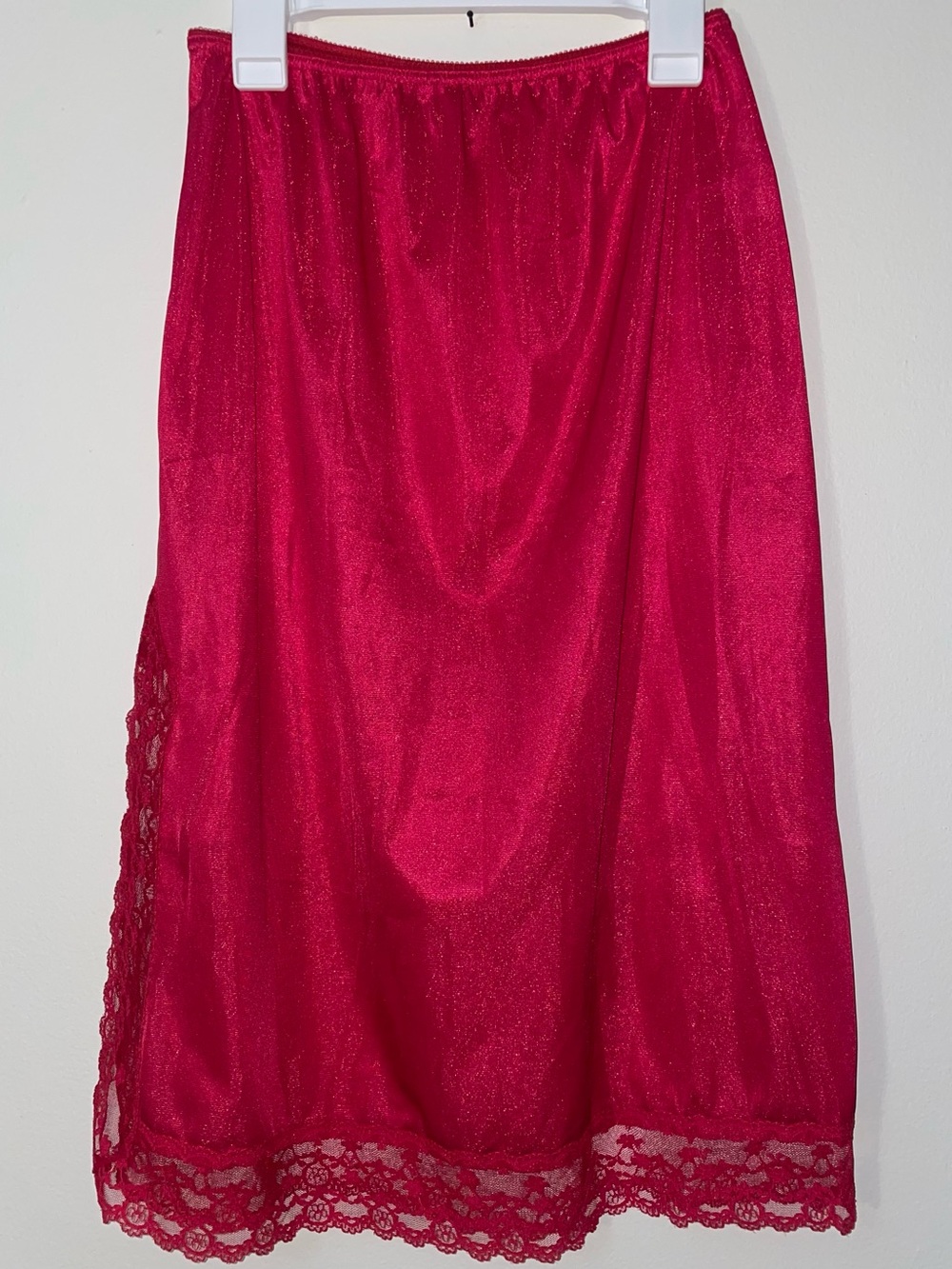 VTG 70s Fortune Cherry Red Nylon 1/2 Slip Skirt, Lace Trim ILGWU USA Made